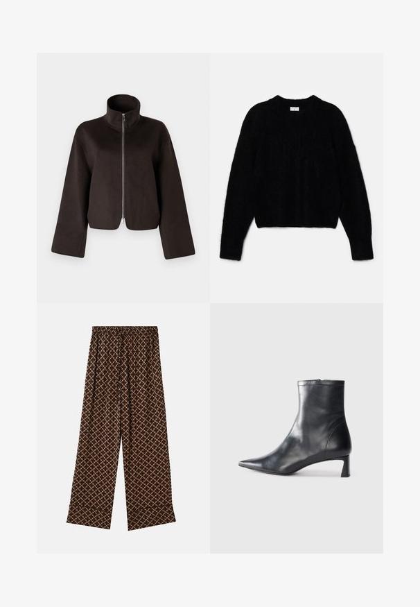 Melnas īsās vilnas jaka ar augstu apkakli, pilnu rāvējslēdzēju un plašām piedurknēm, ar mīkstu tekstūru un gludu apdari.; Melnas īsās džemperis, izgatavots no pūkaina materiāla. Ir apaļa kakla izgriezums un garas piedurknes ar maigu tekstūru. Minimāls dizains, bez rakstiem.; Brūnas platas kāju bikses ar ģeometrisku rakstu bēšā krāsā. Aprīkotas ar elastīgu jostu ar auklām. Viegls audums, gluda tekstūra.; Melnas ādas potītes zābaki ar norādītu pirkstu un elegantu dizainu. Iezīmē zemu papēdi un rāvējslēdzēja aizdari aizmugurē. Gluda tekstūra.