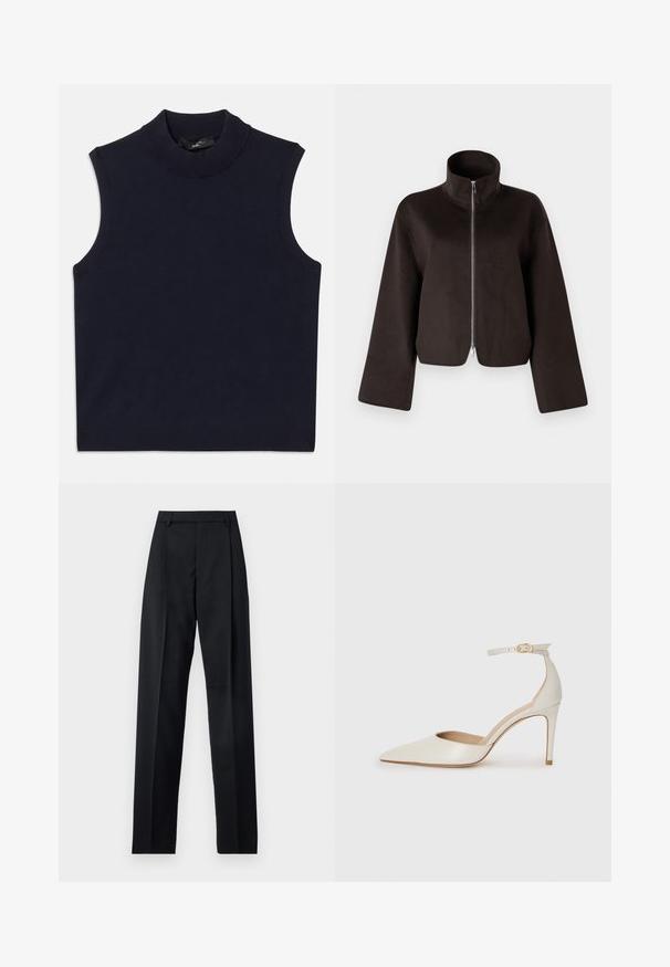 Jachetă scurtă din fleece neagră, cu guler înalt, fermoar complet și mâneci largi, având o textură moale și o finisare netedă.; Pulover fără mâneci bleu marin cu guler înalt și textură netedă, cu tiv ribborat. Design simplu, minimalist, fără modele.; Pantaloni negri dintr-un material neted, cu talie înaltă, picioare largi, pliuri frontale și loop-uri clasice pentru curea. Fără buzunare laterale vizibile.; Pantofii înalți din piele albă, cu vârf ascuțit, curea la gleznă și toc subțire de tip stiletto. Textură netedă cu un finisaj subtil lucios.