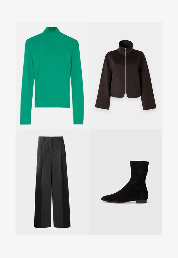 Veste en polaire noire coupée avec un col haut, fermeture éclair intégrale et manches larges, présentant une texture douce et une finition lisse.; Pull à col roulé vert en tricot côtelé, avec des manches longues et des détails subtils sur les coutures latérales pour une apparence ajustée et élégante.; Pantalon large noir avec une taille haute, doté de plis avant, d'une texture lisse et d'une finition ajustée. Conçu pour un ajustement décontracté.; Bottine en suede noir avec une tige ajustée, un bout pointu et un petit talon bloc. Texture lisse et design minimaliste, adaptée à un styling polyvalent.