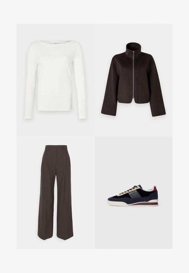 Juodas trumpas vilnonis džemperis su aukštu apykakle, visiškai užtraukiamas ir plačiomis rankovėmis, turintis minkštą tekstūrą ir glotnų paviršių.; Balta ilgomis rankovėmis ribota palaidinė su plačiu valtiniu iškirpimu, pasižyminti prigludusia siluetu ir minkšta audinio tekstūra. Nėra išskirtinių akcentų ar raštų.; Tamsiai rudos platėjančios kelnės su aukštu liemeniu, pasižyminčios tvarkingai prispaustomis raukšlėmis, lygia tekstūra ir pritaikytu siluetu.; Jūrų melsvi velveto sportbačiai su smėlio ir tamsiai mėlynomis detalėmis. Turi baltą gumos pabanduką ir auksinius logotipus šone. Klasikinis sportinis dizainas.