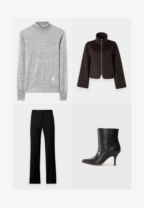 Jachetă scurtă din fleece neagră, cu guler înalt, fermoar complet și mâneci largi, având o textură moale și o finisare netedă.; Pulover gri cu gât înalt, realizat dintr-un material moale și texturat. Prezintă mâneci lungi și un mic logo alb aproape de tiv.; Pantaloni negri cu croi drept, dintr-un material neted, cu front plat, brâuri pentru curea și fără buzunare sau embellishments vizibile.; Botină neagră din piele cu vârf ascuțit, toc subțire de tip stiletto și textură netedă. Design minimalist fără hardware sau accente vizibile.