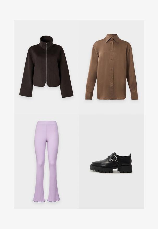 Crna skraćena flis jakna s visokim ovratnikom, punim patentnim zatvaračem i širokim rukavima, koja se odlikuje mekanom teksturom i glatkom površinom.; Smeđa košulja s dugim rukavima, s gumbima i šiljastim ovratnikom i manžetama, prikazana na jednostavnoj bijeloj pozadini.; Svijetloplave rebraste hlače sa širokim nogavicama, elastičnim pojasom i čipkastim rubovima. Mekana tekstura, uski kroj i ležeran dizajn.; Crne kožne cipele s debelim, rebrastim potplatom, koje imaju okrugli srebrni detalj i minimalne šavove.