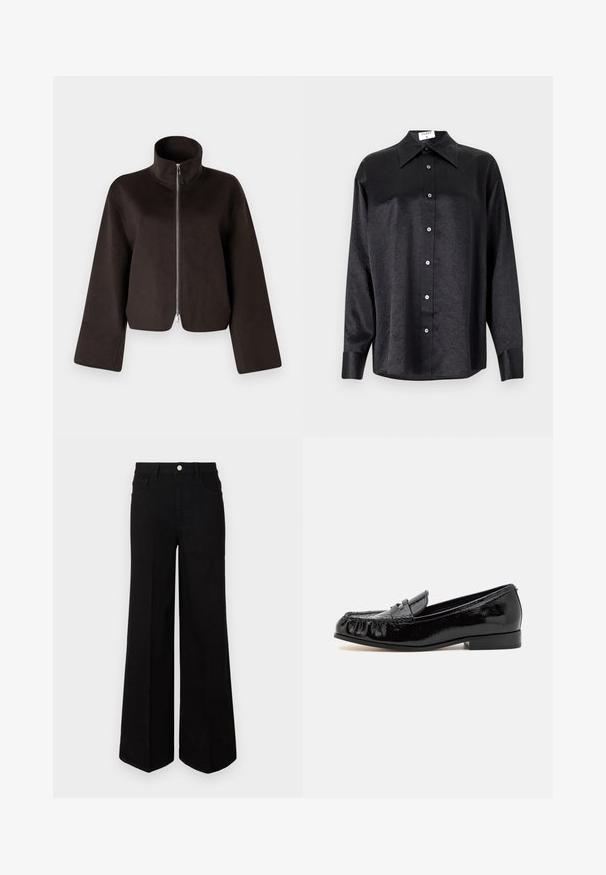 Schwarze, kurz geschnittene Fleecejacke mit hohem Kragen, vollem Reißverschluss und weiten Ärmeln, ausgestattet mit einer weichen Textur und glatter Oberfläche.; Schwarzes Langarmhemd mit kragenförmigem Halsausschnitt, mit einem zerknitterten Textur, voller Knopfleiste und Manschetten. Hergestellt aus einem glatten Stoff.; Schwarze weit geschnittene Jeans aus strapazierfähigem Material, mit hoher Taille, Fronttaschen und einem Knopfverschluss vorne. Flacher Saum am Boden.; Schwarze Lacklederslipper mit runder Schuhspitze, Fransen-Details und einem niedrigen Blockabsatz. Die Oberfläche hat ein glänzendes Finish.