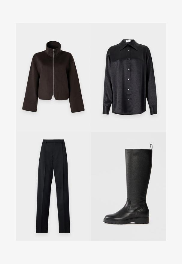 Black cropped fleece jacket with a high collar, full zip, and wide sleeves, featuring a soft texture and smooth finish.; Black long-sleeve shirt with a collared neckline, featuring a crinkled texture, full button front, and cuffs. Made from a smooth fabric.; Black trousers made from smooth fabric featuring a high waist, wide legs, front pleats, and classic belt loops. No side pockets visible.; Black knee-high boots made of textured leather, featuring a rounded toe, sturdy rubber sole with traction, and a pull tab at the top.