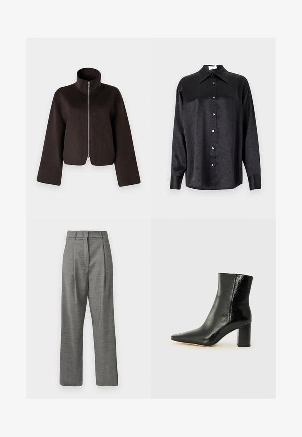 Zwarte cropped fleecejack met een hoge kraag, volle rits en brede mouwen, met een zachte textuur en een gladde afwerking.; Zwarte blouse met lange mouwen en een kraag, voorzien van een gekreukt oppervlak, volwaardige knopen aan de voorkant en manchetten. Gemaakt van een gladde stof.; Hoge taille grijze broek met klein ruitpatroon, voorplooien, riemlussen en rechte pijpen op een witte achtergrond.; Zwarte enkellaarsjes van glanzend leer met een puntige neus en een stevige, vierkante hak. Heeft een gladde textuur en een minimalistisch ontwerp.
