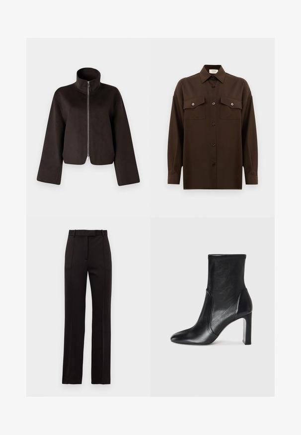 Black cropped fleece jacket with a high collar, full zip, and wide sleeves, featuring a soft texture and smooth finish.; Dark brown long-sleeve button-up shirt with two flap chest pockets and a classic collar, displayed against a plain white background.; Black tailored trousers with a straight leg design, featuring subtle pinstripes, belt loops, and a smooth texture.; Black leather ankle boot with a sleek design, pointed toe, and a high block heel. Features smooth texture and minimalistic stitching detail.