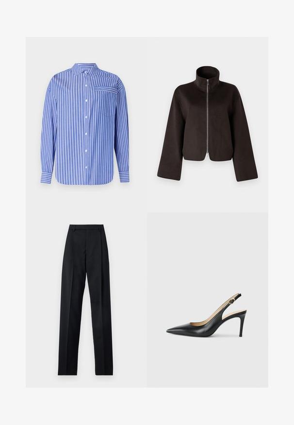 Schwarze, kurz geschnittene Fleecejacke mit hohem Kragen, vollem Reißverschluss und weiten Ärmeln, ausgestattet mit einer weichen Textur und glatter Oberfläche.; Gestreifte blau-weiße Button-Up-Hemd mit Kragen, langen Ärmeln, einer Brusttasche und einem leicht abgerundeten Saum. Aus weichem Stoff gefertigt.; Schwarze Hosen aus glattem Stoff mit hoher Taille, weitem Bein, vorderen Falten und klassischen Gürtelschlaufen. Keine sichtbaren Seitentaschen.; Schwarze Leder-Slingback-High-Heels mit spitzem Zehenbereich, verstellbarem Riemen und schlankem Stiletto-Absatz, ausgestattet mit einer glatten Oberfläche.