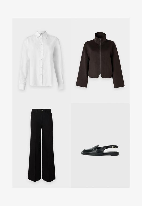 Zwarte cropped fleecejack met een hoge kraag, volle rits en brede mouwen, met een zachte textuur en een gladde afwerking.; Witte overhemd met lange mouwen en knoopsluiting, gemaakt van zacht katoenen stof. Bevat zes knopen aan de voorkant en gepaste mouwen.; Zwarte wijde jeans gemaakt van stevig materiaal, met een hoge taille, voorzakken en een knopen sluiting aan de voorkant. Rechte zoom aan de onderkant.; Zwarte leren slingback schoen met een ronde neus, platte zool, zijuitsnede en een band met een gouden hardware detail.