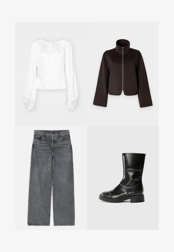 Černá zkrácená fleecová bunda s vysokým límcem, plným zipem a širokými rukávy, se soft povrchem a hladkým finišem.; Bílá halenka s dlouhým rukávem z hladké tkaniny, s nařaseným výstřihem, detailem na stahování a elasticizovanými manžetami s kulatými otvory.; Kalhoty s širokými nohavicemi v tmavě šedém denimovém materiálu. Vyznačují se vysokým pasem, pěti kapsami a předním zapínáním na knoflík. Hladká textura s jemným vyblednutím.; Černá kožená kotníková bota s kulatou špičkou, hladkým povrchem, kontrastním prošíváním a širokým podpatkem, má mírně zúženou siluetu.