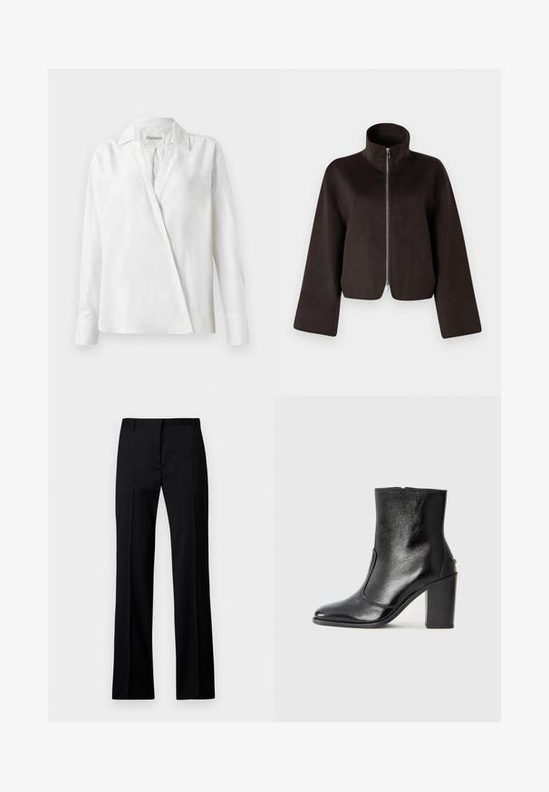 Schwarze, kurz geschnittene Fleecejacke mit hohem Kragen, vollem Reißverschluss und weiten Ärmeln, ausgestattet mit einer weichen Textur und glatter Oberfläche.; Weißes Langarmhemd aus glattem Stoff, mit einem kragenförmigen Ausschnitt und einer diagonalen Frontverschluss mit einem leicht lockeren Schnitt.; Schwarze gerade geschnittene Hosen aus glattem Stoff, mit flachem Bund, Gürtelschlaufen und ohne sichtbare Taschen oder Verzierungen.; Schwarze Leder-Stiefelette mit glatter Textur, spitzem Fuß und klobigem hohen Absatz. Verfügt über eine seitliche Öffnung und ein minimalistisches Design.
