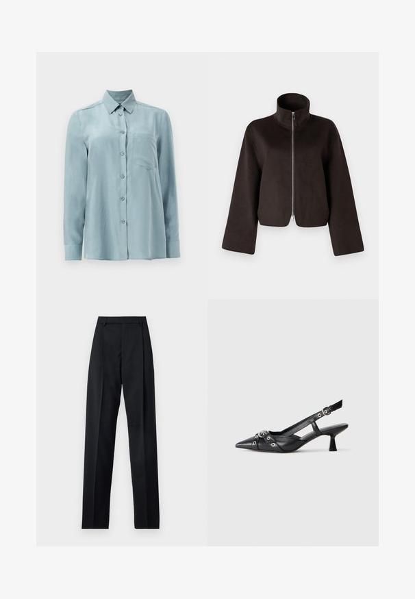 Giacca in felpa nera cropped con colletto alto, zip a tutta lunghezza e maniche larghe, caratterizzata da una texture morbida e una finitura liscia.; Camicia azzurro chiaro a maniche lunghe realizzata in tessuto morbido, con bottoni frontali, colletto e una tasca sul petto.; Pantaloni neri realizzati in tessuto morbido, caratterizzati da vita alta, gambe larghe, pince frontali e classiche passanti per cintura. Non ci sono tasche laterali visibili.; Scarpa slingback nera in pelle con punta affusolata, cinturini decorativi con occhielli metallici e tacco basso a blocco. Superficie testurizzata.