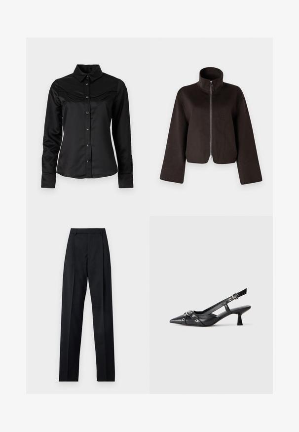 Melnas īsās vilnas jaka ar augstu apkakli, pilnu rāvējslēdzēju un plašām piedurknēm, ar mīkstu tekstūru un gludu apdari.; Melnas satīna krekls ar pogu apakšdaļu, norādīto apkakli un Rietumu stila yoku ar divām krūšu kabatām. Garas piedurknes ar aprocēm.; Melnas bikses, izgatavotas no gludas auduma, ar augstu vidukli, platiem bikšu galdniekiem, priekšējiem krokām un klasiskām jostu cilpām. Sānu kabatas nav redzamas.; Melnas ādas šlipsveida kurpes ar norādītu purngalu, dekoratīvām joslām ar metāla acīm un zemu bloku papēdi. Teksturēta virsma.