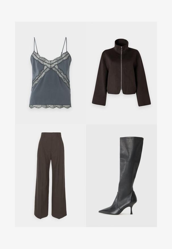 Črni kratki flis jakna z visokim ovratnikom, polnim zadrgo in širokimi rokavi, z mehkimi teksturami in gladkim zaključkom.; Temno siva majica brez rokavov s tankimi nastavljivimi naramnicami, čipkastimi detajli ob izrezu in robu, gladko blago ter valovitimi robovi.; Temno rjave široke hlače z visokim pasom, ki imajo lepo stisnjene gube, gladko teksturo in krojen fit.; Črne usnjene škornje do kolen s koničastim nosom in ozkim stiletto peto. Gladka tekstura z oblikovanim dizajnom in šivi na zgornjem robu.