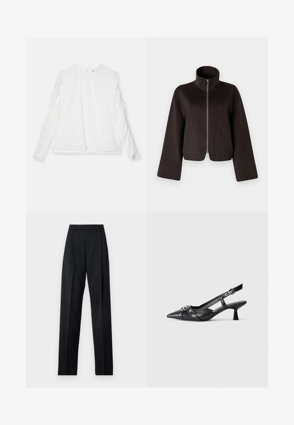 Schwarze, kurz geschnittene Fleecejacke mit hohem Kragen, vollem Reißverschluss und weiten Ärmeln, ausgestattet mit einer weichen Textur und glatter Oberfläche.; Weißes Langarmoberteil mit rundem Ausschnitt und Gathered-Details an den Ärmeln. Hergestellt aus leichtem Stoff mit fließendem Schnitt.; Schwarze Hosen aus glattem Stoff mit hoher Taille, weitem Bein, vorderen Falten und klassischen Gürtelschlaufen. Keine sichtbaren Seitentaschen.; Schwarzer Leder-Slingback-Schuh mit spitz zulaufender Zehenpartie, dekorativen Riemen mit METALLÖSEN und niedrigem Blockabsatz. Strukturelle Oberfläche.