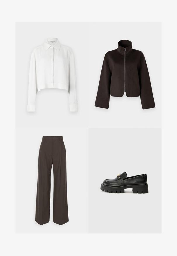 Čierna skrátená flísová bunda s vysokým golierom, plným zipsom a širokými rukávmi, ktorá sa vyznačuje mäkkou textúrou a hladkou povrchovou úpravou.; Biele skrátené tričko s dlhými rukávmi, predným zapínaním na gombíky a klasickým golierom. Hladká tkanina so štruktúrovanými manžetami a minimalistickým dizajnom.; Tmavohnedé široké nohavice s vysokým pásom, ktoré majú úhľadne prežehlené záhyby, hladkú textúru a strih na mieru.; Čierne kožené mokasíny s masívnou podrážkou, s akcentom v zlatej farbe na prednej strane a hladkým povrchom. Na podrážke je výrazný dezén.