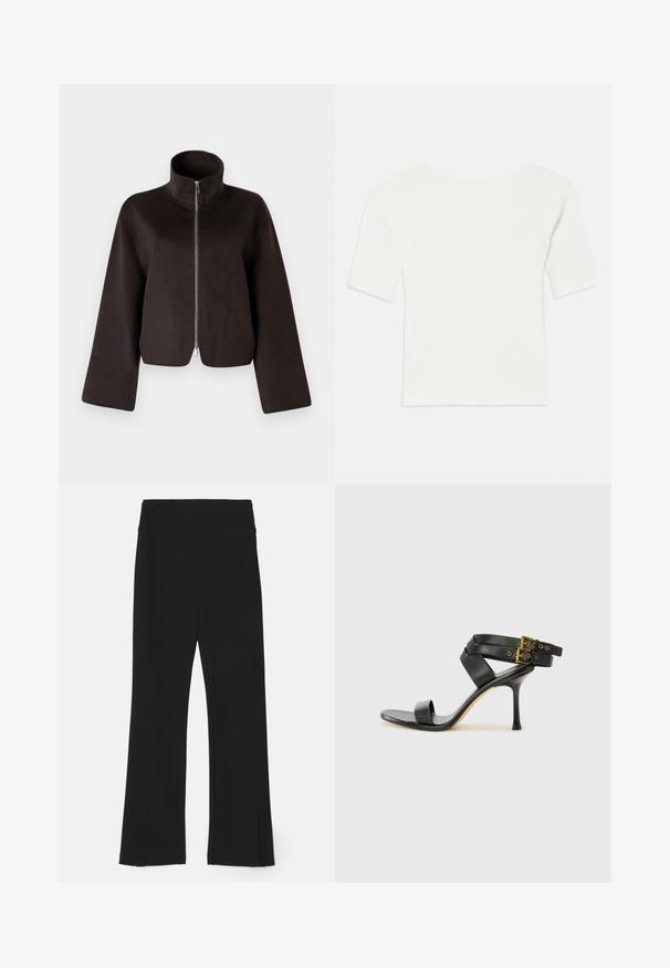 Jachetă scurtă din fleece neagră, cu guler înalt, fermoar complet și mâneci largi, având o textură moale și o finisare netedă.; Top scurt cu mânecă scurtă, alb, cu decolteu larg. Textura are dungi verticale, evidențiind o potrivire strânsă și un design simplu.; Leggings negre cu fustă evazată și talie înaltă, fabricate dintr-un material elastic. Textură netedă fără modele vizibile sau detalii hardware.; Sandalie negre cu toc, cu curele încrucișate și cataramă ajustabilă. Prezintă o textură netedă și un toc stiletto conic.
