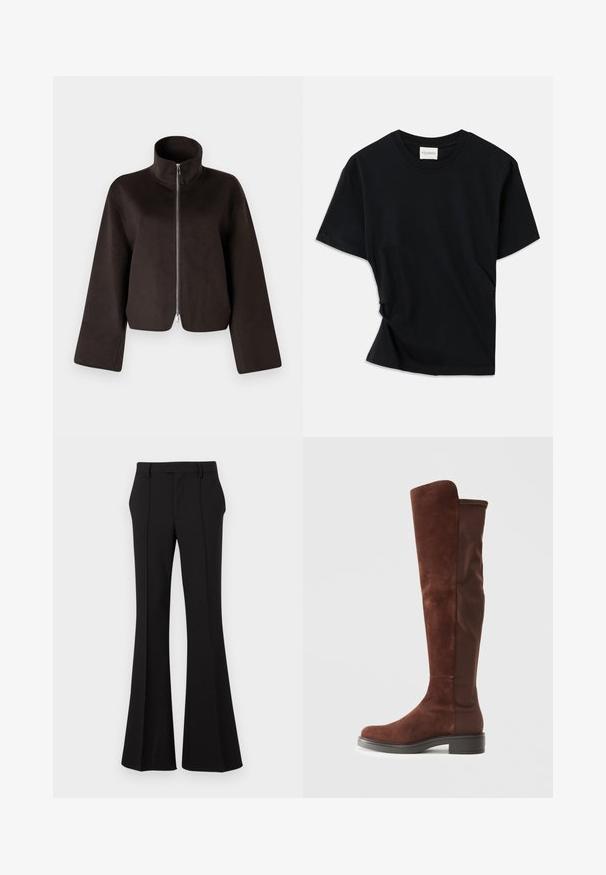 Fekete, rövidített bolyhos dzseki magas gallérral, teljes cipzárral és széles ujjal, puha textúrával és sima felülettel.; Fekete póló, puha pamutból készült, kerek nyakkivágással, rövid ujjakkal és enyhén csavart kialakítással, amely lazább illeszkedést biztosít.; Fekete, bővülő nadrág sima anyagból, elől redővel, testre szabott derékkal és oldalsó zsebekkel a praktikus használat érdekében.; Magas barna velúr és szövet csizma alacsony fekete sarokkal és kerek orral, oldalnézetben, sima fehér háttér előtt bemutatva.