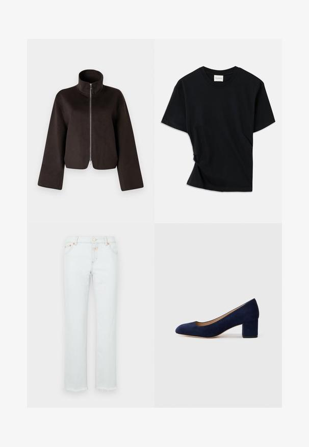 Must värvitud lühikeste varrukatega fliisjakid, millel on kõrge krae, täispikkus tõmblukk ja laiad varrukad, millel on pehme tekstuur ja sile viimistlus.; Must musta pehmeast puuvillast, millel on ümar kaelus, lühikesed varrukad ja kergelt keeratud disain, et tagada mugav istuvus.; Heledad teksad, sirge säärega, frayed äärisega, vaskse riistvara ja viie-tasku disainiga.; Tumesinise sametist kõrge kontsaga king, millel on terav nina ja keskmise kõrgusega plokk-konts. Sile tekstuur kerge sädelusega ja ees väike lõige.