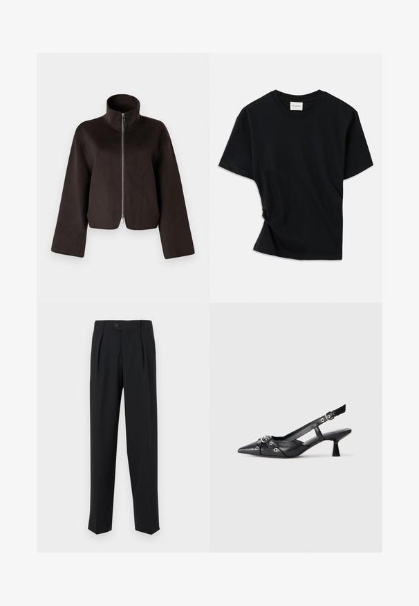 Black cropped fleece jacket with a high collar, full zip, and wide sleeves, featuring a soft texture and smooth finish.; Black t-shirt made of soft cotton, featuring a crew neckline, short sleeves, and a slightly twisted design for a relaxed fit.; Black trousers made of smooth fabric, featuring front pleats, a single button closure, and straight legs. Minimalist design with no patterns.; Black leather slingback shoe with a pointed toe, decorative straps featuring metal eyelets, and a low block heel. Textured surface.