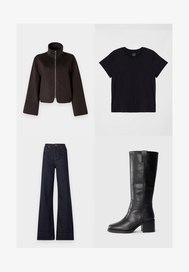 Juodas trumpas vilnonis džemperis su aukštu apykakle, visiškai užtraukiamas ir plačiomis rankovėmis, turintis minkštą tekstūrą ir glotnų paviršių.; Juodas trumpas rankovės marškinėliai pagaminti iš minkštos medvilnės. Klasikinis apvalus kaklo dizainas su paprasta, nepuošta paviršiumi ir laisvalaikio siluetu.; Ksubi STRIDER CUFF ORIGINAL - Platėjantys džinsai - blue denim; Juodos odinės iki kelių siekiančios botai su lygiu paviršiumi, kvadratiniu pirštu, storu kulnu ir šoniniu kilputė, su minimaliais siuvimo akcentais.