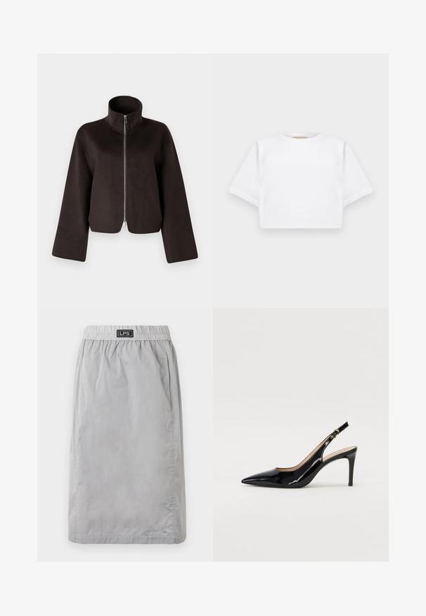 Sort cropped fleecejakke med høj krave, fuld lynlås og brede ærmer, med en blød tekstur og glat finish.; KFrakelse hvid t-shirt lavet af blødt stof, med korte ærmer, rund halsudskæring og ribbede nederste detaljer. Enkel og udekoreret design.; Grå, knælang nederdel lavet af letvægtsmateriale, med elastisk talje og sidelommer. Branded label "LPS" på taljen.; Sort patenteret læder slingback stiletto med spids tå, slank hæl og et subtilt udskæringsdesign. Har en gylden spænde på remmen.
