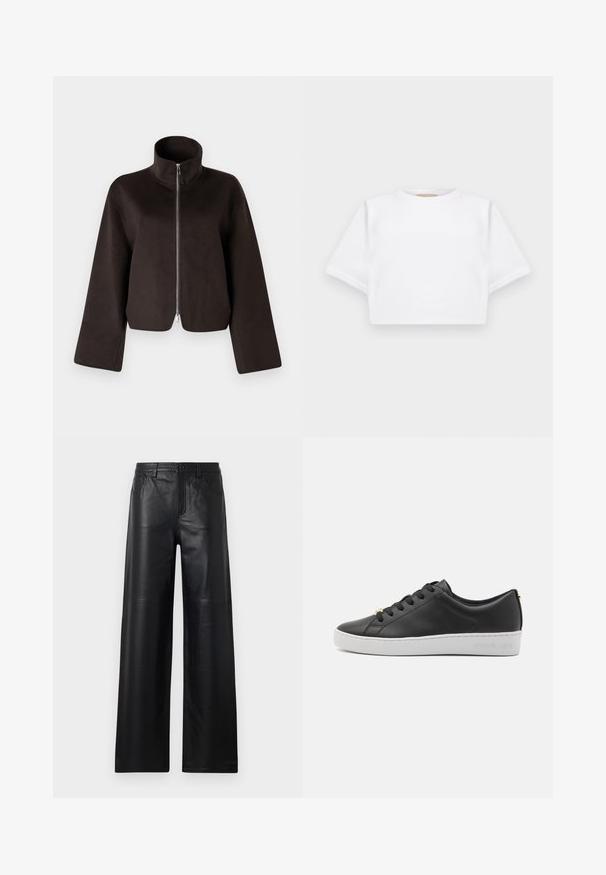 Crna skraćena flis jakna s visokim ovratnikom, punim patentnim zatvaračem i širokim rukavima, koja se odlikuje mekanom teksturom i glatkom površinom.; Skraćena bijela majica od mekog materijala, s kratkim rukavima, okruglim izrezom i rebrastim detaljima na rubu. Jednostavan i neukrašen dizajn.; Široke crne kožne hlače s glatkom teksturom, koje imaju prednje džepove, kopčanje na dugme i suptilne detalje šivanja.; Crne kožne tenisice s bijelim gumenenim potplatom, okruglim vrhom, vezivanjem sprijeda i zlatnim metalnim detaljima na peti. Teksturirana površina s detaljima šivanja.