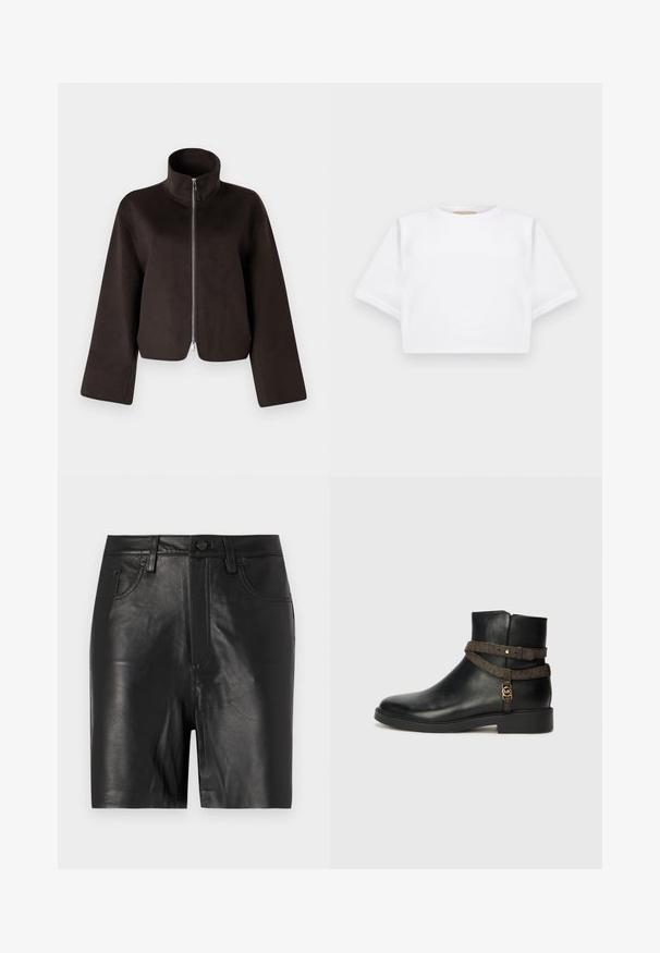 Svart kort fleecejacka med hög krage, full dragkedja och vida ärmar, med en mjuk textur och slät yta.; Klippt vit t-shirt tillverkad av mjukt tyg, med korta ärmar, rund halsringning och ribbade kantdetaljer. Enkel och utan prål design.; Svarta lädershorts med en slät textur, utrustade med dragkedja fram, knappstängning och klassisk femfickdesign.; Svart läderankelboot med platt sula, med ett brunt mönstrat rem och detalj i guldton. Slät yta.