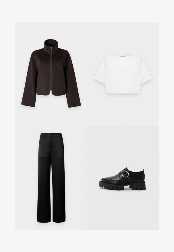 Fekete, rövidített bolyhos dzseki magas gallérral, teljes cipzárral és széles ujjal, puha textúrával és sima felülettel.; Rövid ujjú, puha anyagból készült, vágott fehér póló, kör alakú nyakkivágással és bordázott alsó résszel. Egyszerű és díszítetlen kialakítás.; Széles lábú fekete nadrág, texturált felülettel, lapos derékkal és két oldalsó zsebbel. Az anyag könnyűnek és légiesnek tűnik.; Fekete bőr cipők tömzsi, bordázott talppal, kerek ezüst hardware díszítéssel és minimális varrási részletekkel.