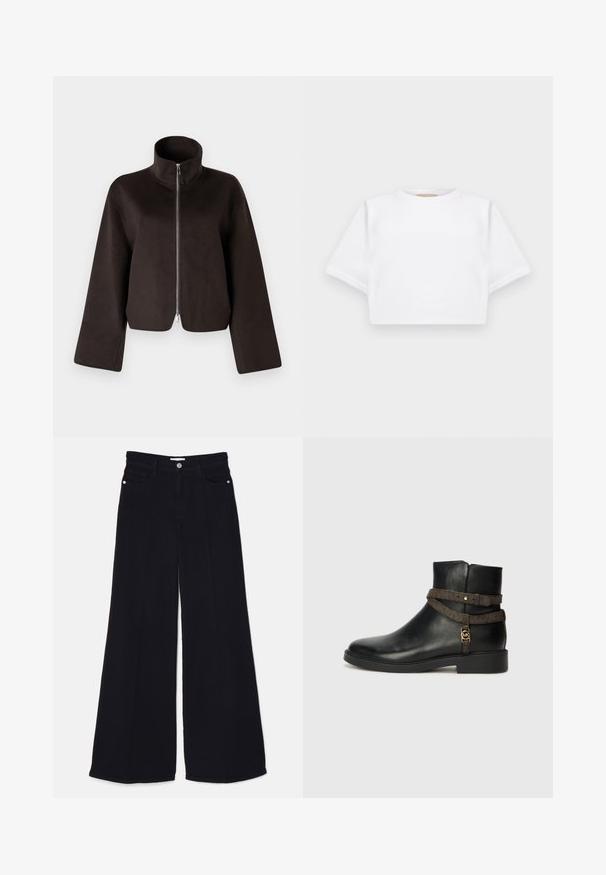 Must värvitud lühikeste varrukatega fliisjakid, millel on kõrge krae, täispikkus tõmblukk ja laiad varrukad, millel on pehme tekstuur ja sile viimistlus.; Lühikeste varrukatega, pehmest kangast lõigatud valge T-särk, millel on ümar kaelus ja soonikuga ääred. Lihtne ja ilma kaunistusteta disain.; FRAME LE PALAZZO - Wide leg - film noir; Must musta sääre saapa, millel on lame tall, pruun mustriga rihm ja kuldse tooni detailid. Sile tekstuur.