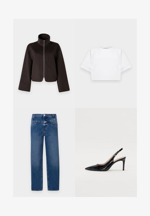 Jaqueta de fleece preta, cropped, com colarinho alto, fecho total e mangas largas, apresentando uma textura suave e um acabamento liso.; T-shirt branca corta, feita de tecido macio, apresentando mangas curtas, um decote redondo e detalhes de bainha canelada. Design simples e despretensioso.; Calças de ganga azuis com corte reto, cinco bolsos, fecho de botão e zíper, e ligeira descoloração para texturização.; Sandal com salto em verniz preto, bico fino, salto esguio e um design de recorte subtil. Apresenta uma fivela dourada na alça.