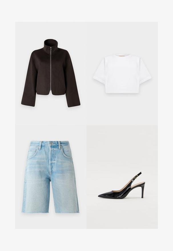 Melnas īsās vilnas jaka ar augstu apkakli, pilnu rāvējslēdzēju un plašām piedurknēm, ar mīkstu tekstūru un gludu apdari.; Izgriezta balta T-krekla no mīksta auduma, ar īsām piedurknēm, apaļu apkakli un ribota apakšmala. Vienkāršs un neizpušķots dizains.; Gaiši zili džinsu šorti ar augstu jostasvietu, piecām kabatām un neapstrādātu maliņu. Mīksta tekstūra un klasiskā griezuma, piemēroti ikdienas valkāšanai.; Melnas lakotās ādas slingback kurpes ar izteiktu degunu, šauru papēdi un smalku izgriezumu dizainu. Siksniņai ir zelta sprādze.