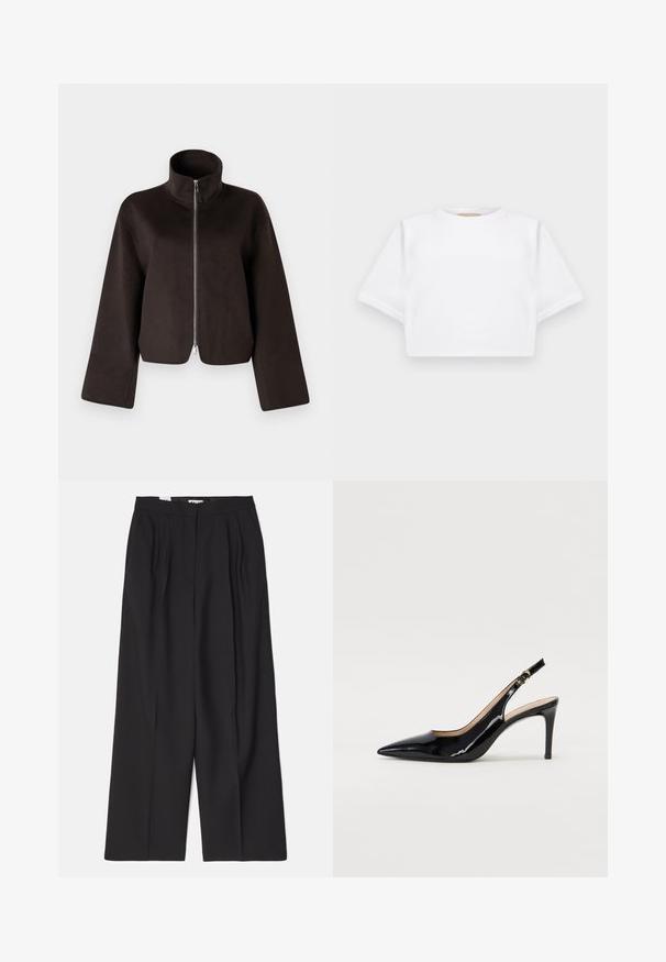 Zwarte cropped fleecejack met een hoge kraag, volle rits en brede mouwen, met een zachte textuur en een gladde afwerking.; Gemiddelde witte T-shirt gemaakt van zachte stof, met korte mouwen, een ronde halslijn en geribbelde zoomdetails. Eenvoudig en ongecompliceerd ontwerp.; Bally Broek - black; Zwarte gepatineerde leren slingback pump met een puntige neus, slanke hak en een subtiel uitgesneden ontwerp. Bevat een gouden gesp op de band.