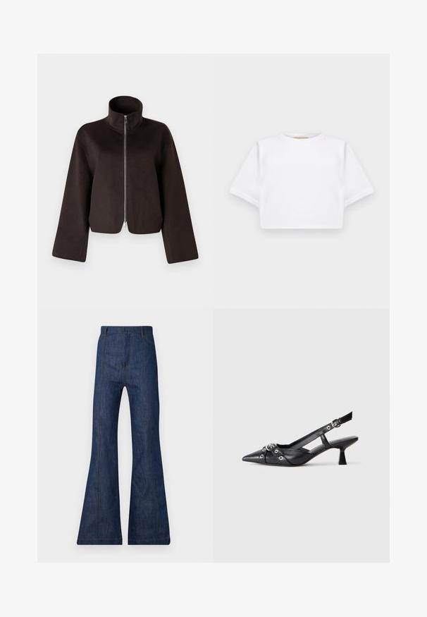 Fekete, rövidített bolyhos dzseki magas gallérral, teljes cipzárral és széles ujjal, puha textúrával és sima felülettel.; Rövid ujjú, puha anyagból készült, vágott fehér póló, kör alakú nyakkivágással és bordázott alsó résszel. Egyszerű és díszítetlen kialakítás.; Sötétkék farmer, trapéz fazonú, magas derekú nadrág, látható varrásokkal és két elülső zsebbel. Simító tapintás és széles szárnyú nyitás.; Fekete bőr slingback cipő hegyes orral, dekoratív pántokkal, fém szemekkel és alacsony blokk sarkú. Texturált felület.