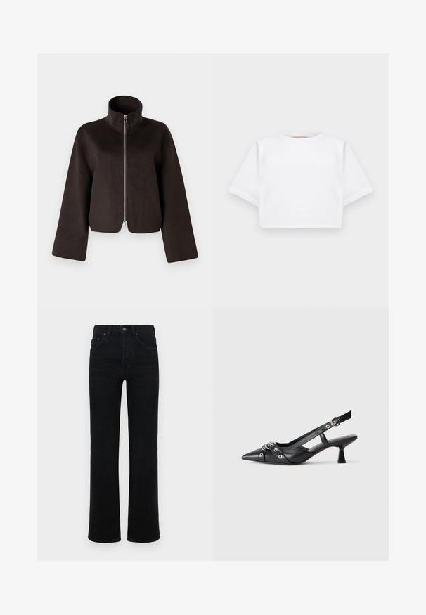 Μαύρο κοντό φλις μπουφάν με ψηλό γιακά, πλήρη φερμουάρ και φαρδιά μανίκια, διαθέτοντας απαλή υφή και ομαλή επιφάνεια.; Κομμένη λευκή μπλούζα φτιαγμένη από μαλακό ύφασμα, με κοντά μανικά και στρογγυλή λαιμόκοψη, καθώς και ριγωτές λεπτομέρειες στο τελείωμα. Απλός και χωρίς διακοσμήσεις σχεδιασμός.; Μαύρο τζιν παντελόνι με ψηλή μέση, ίσια κοπή, σχέδιο πέντε τσεπών και μπροστινό κλείσιμο με κουμπί. Λείος υφή, ελάχιστες λεπτομέρειες.; Μαύρο δερμάτινο παπούτσι slingback με μυτερή μύτη, διακοσμητικές λωρίδες με μεταλλικά μάτια και χαμηλό μπλοκ τακούνι. Υφή επιφάνειας.