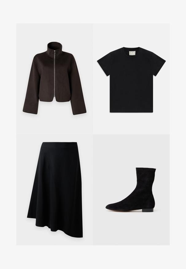 Čierna skrátená flísová bunda s vysokým golierom, plným zipsom a širokými rukávmi, ktorá sa vyznačuje mäkkou textúrou a hladkou povrchovou úpravou.; Čierne tričko s krátkym rukávom a okrúhlym výstrihom s bielou štítkom vo vnútri goliera označeným "D.R.C. EST. 2002" na bielom pozadí.; Čierna áčková sukňa vyrobená z hladkého materiálu, so diagonálnym švom a vzdušným dizajnom, ktorý jemne splýva na okraji.; Čierne semišové členkové topánky s priliehavým zvrškom, špicatou špičkou a nízkym blokovým opätkom. Hladká textúra a minimalistický dizajn, vhodné na všestranné kombinovanie.