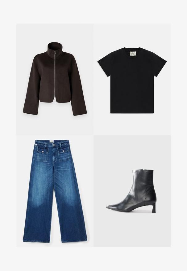 Juodas trumpas vilnonis džemperis su aukštu apykakle, visiškai užtraukiamas ir plačiomis rankovėmis, turintis minkštą tekstūrą ir glotnų paviršių.; Juodas trumpomis rankovėmis marškinėliai su apvaliu kaklu, vidinėje apykaklės pusėje yra balta etiketė su užrašu "D.R.C. EST. 2002" ant balto fono.; Plačios kojų džinsai tamsiai mėlynos spalvos. Turi penkis kišenes, sidabrinius aksesuarus ir lygią tekstūrą. Audinys rodo subtilų išblukimą.; Juodas odinis kulkšninis batas su smailiu pirštu ir elegantišku dizainu. Turi žemą kulną ir užtrauktuką gale. Lygi tekstūra.