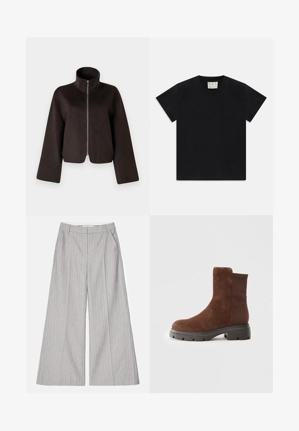 Crna skraćena flis jakna s visokim ovratnikom, punim patentnim zatvaračem i širokim rukavima, koja se odlikuje mekanom teksturom i glatkom površinom.; Crna kratka majica s okruglim izrezom i kratkim rukavima s bijelim oznakom unutar ovratnika na kojoj piše "D.R.C. EST. 2002" na bijeloj pozadini.; Sive široke hlače s vertikalnim prugama, koje imaju glatku teksturu i suptilan sjaj. Uključuju prednje džepove i pojas.; Smeđi antilop čizme do gležnja s elastičnim bočnim panelima, okruglim vrhom i debelim gumenim đonom s teksturiranim uzorkom.