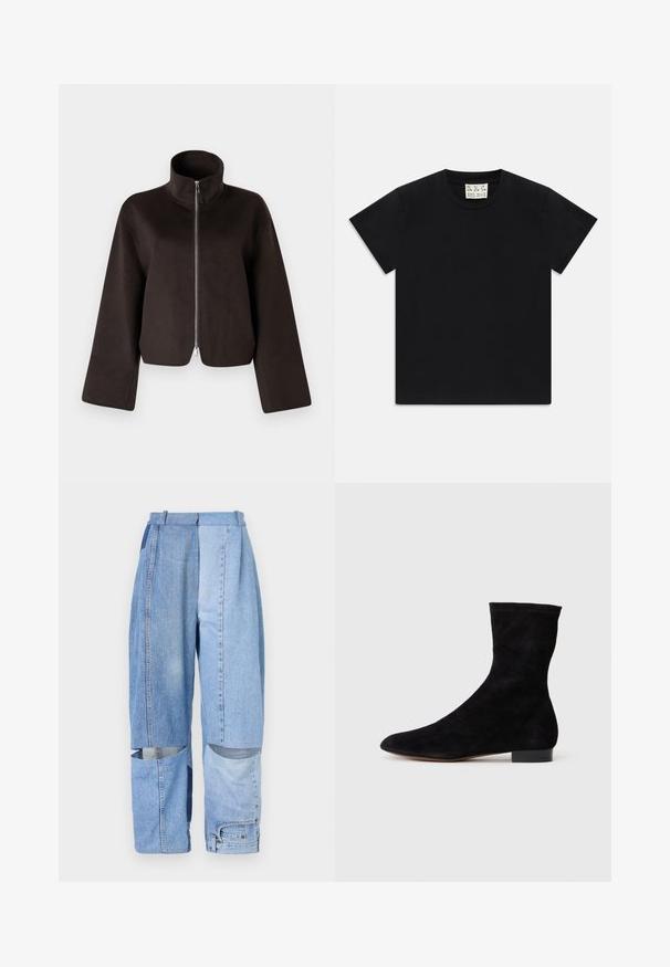 Chaqueta de forro polar negra recortada con un alto cuello, cremallera completa y mangas amplias, que presenta una textura suave y un acabado liso.; Camiseta negra de manga corta y cuello redondo con una etiqueta blanca en el interior del cuello que dice "D.R.C. EST. 2002" sobre un fondo blanco.; Pantalones de mezclilla con un diseño de patchwork en diferentes tonos de azul, corte relajado, múltiples bolsillos y detalles recortados en el dobladillo.; Botín de ante negro con caña ajustada, punta afilada y tacón bajo en bloque. Textura suave y diseño minimalista, adecuado para un estilo versátil.