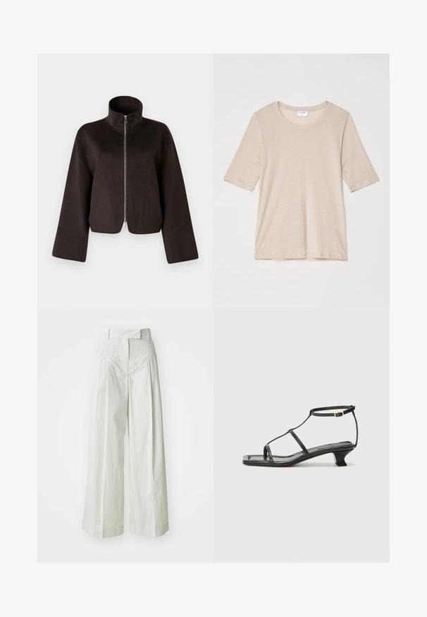 Zwarte cropped fleecejack met een hoge kraag, volle rits en brede mouwen, met een zachte textuur en een gladde afwerking.; Filippa K ELENA TEE - T-shirt basic - taupe; Lange broek in lichtgroen met verticale witte strepen. Heeft een hoge taille, ceintuurlussen en een gladde katoenen textuur.; Zwarte leren sandaal met een vierkante neus, dunne banden, een verstelbare enkelriem en een lage hak. Heeft een kleine gouden accent op de band.