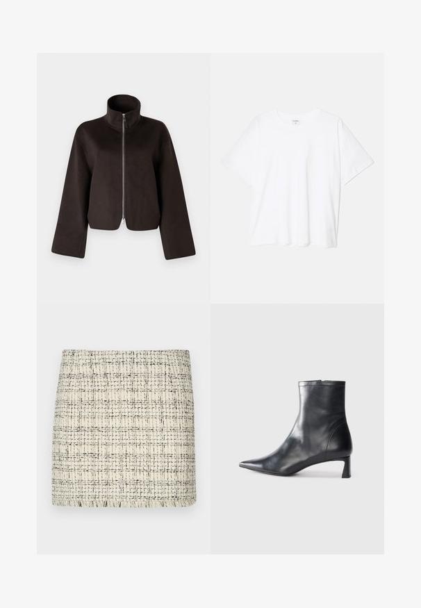 Črni kratki flis jakna z visokim ovratnikom, polnim zadrgo in širokimi rokavi, z mehkimi teksturami in gladkim zaključkom.; Bela bombažna majica s kratkimi rokavi, okroglim izrezom, sproščenim krojem in šivanim robom. Oznaka vidna na notranji strani izreza.; Tweed mini krilo v kremni in črni barvi, z teksturiranim vzorcem, ravno krojeno in z razporkom z resicami za poudarek.; Črne usnjene gležnjarje s šiljastim nosom in elegantnim dizajnom. Imajo nizko peto in zadrgo na zadnji strani. Gladka tekstura.