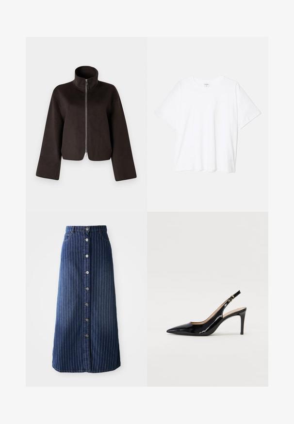 Jaqueta de fleece preta, cropped, com colarinho alto, fecho total e mangas largas, apresentando uma textura suave e um acabamento liso.; T-shirt de algodão branco com mangas curtas, decote redondo, corte descontraído e bainha cosida. Etiqueta visível no interior do pescoço.; Saia maxi em denim escuro com riscas brancas verticais, fecho frontal com botões e uma ligeira boca na barra. Apresenta cinco botões e costura em contraste.; Sandal com salto em verniz preto, bico fino, salto esguio e um design de recorte subtil. Apresenta uma fivela dourada na alça.