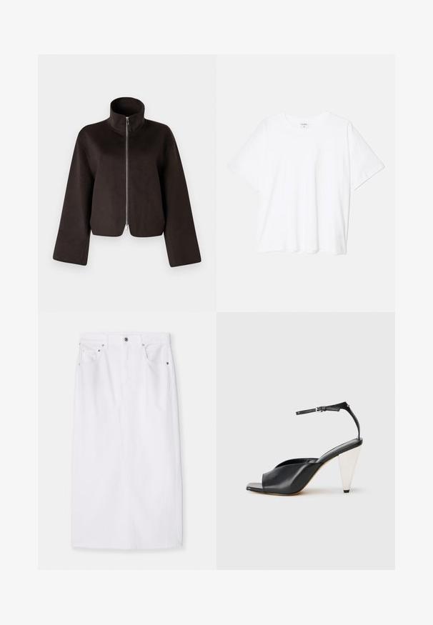 Črni kratki flis jakna z visokim ovratnikom, polnim zadrgo in širokimi rokavi, z mehkimi teksturami in gladkim zaključkom.; Bela bombažna majica s kratkimi rokavi, okroglim izrezom, sproščenim krojem in šivanim robom. Oznaka vidna na notranji strani izreza.; Bela denim krilo s ravnim krojem, opremljeno z obodom in sprednjim zadrgo, okrašeno s srebrnimi detajli in petimi žepi. Čist dizajn.; Črne usnjene sandale s peto, odprto toe, asimetričnim dizajnom, zaponko okoli gležnja in kovinsko stožčasto peto. Gladka tekstura po celotni površini.