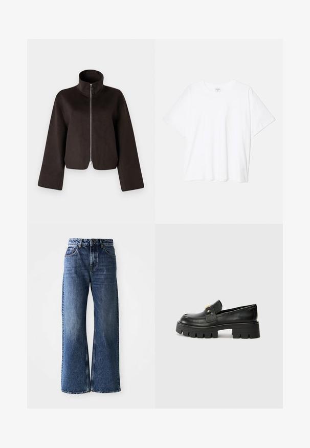 Črni kratki flis jakna z visokim ovratnikom, polnim zadrgo in širokimi rokavi, z mehkimi teksturami in gladkim zaključkom.; Bela bombažna majica s kratkimi rokavi, okroglim izrezom, sproščenim krojem in šivanim robom. Oznaka vidna na notranji strani izreza.; Široke modre kavbojke z visokim pasom. Imajo klasičen dizajn s petimi žepi, kontrastno šivanje in rahlo zbledel videz.; Črne usnjene loaferje z debelim podplatom, ki imajo zlatoten naglas na sprednji strani in gladko površino. Debela oblika profila na podplatu.