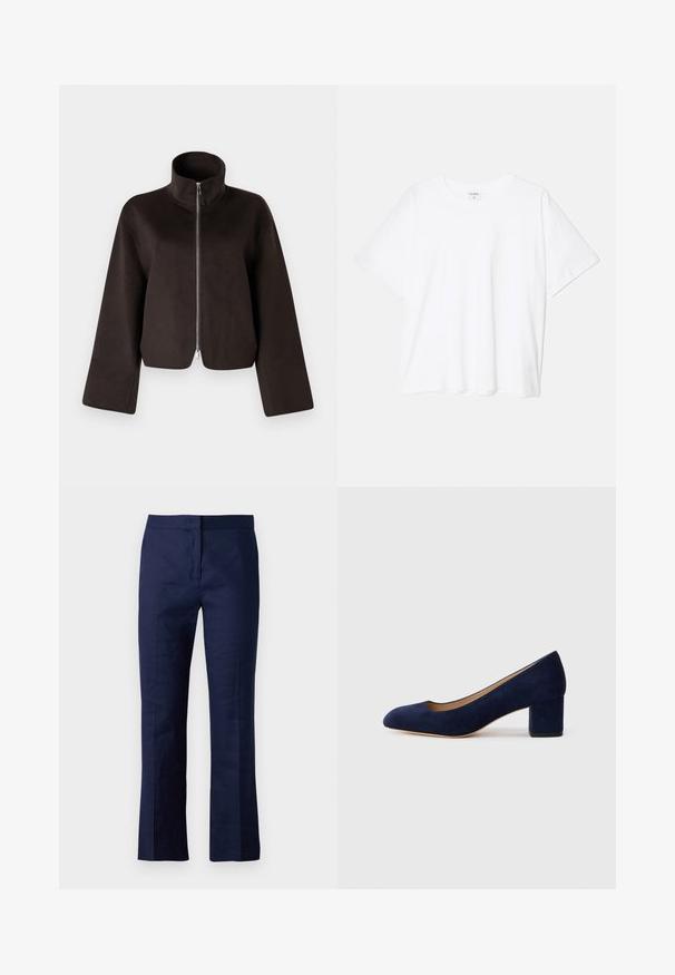Jaqueta de fleece preta, cropped, com colarinho alto, fecho total e mangas largas, apresentando uma textura suave e um acabamento liso.; T-shirt de algodão branco com mangas curtas, decote redondo, corte descontraído e bainha cosida. Etiqueta visível no interior do pescoço.; Calças ajustadas azul marinho feitas de um tecido suave, com um design de perna reta, pregas frontais e uma cintura ajustada.; Salgados de camurça azul-marinho com bico fino e um salto quadrado de altura média. Textura suave com um ligeiro brilho e um pequeno corte na parte da frente.