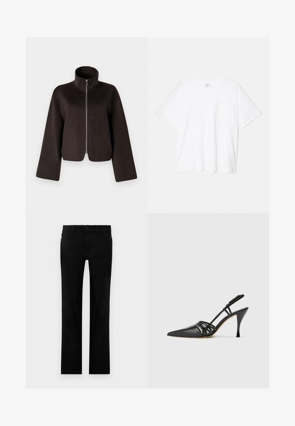 Juodas trumpas vilnonis džemperis su aukštu apykakle, visiškai užtraukiamas ir plačiomis rankovėmis, turintis minkštą tekstūrą ir glotnų paviršių.; Balta medvilnės marškinėliai trumpomis rankovėmis, apvalia iškirpte, laisvo kirpimo ir su siūtu kraštu. Etiketė matoma vidinėje iškirptės pusėje.; Juodos lieknos fit džinsai su priekiniais mygtukais, užtrauktuku ir penkių kišenių dizainu, išdėstyti plokščiai ant balto fono.; Juodas odinis aukštakulnis slingback batelis su smailiu noseliu, kryžminiu dirželiu ir plonu stiletto kulnu. Lygus paviršius ir minimalūs akcentai.