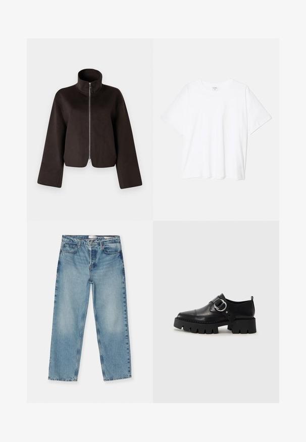 Fekete, rövidített bolyhos dzseki magas gallérral, teljes cipzárral és széles ujjal, puha textúrával és sima felülettel.; Fehér pamut póló rövid ujjal, kerek nyakkivágással, laza fazonnal és varrott szegéllyel. Címke látható a belső nyakrészén.; Világoskék, egyenes szabású farmernadrág, elhalványult kivitelben, öt zsebbel, övhurkokkal és cipzáras záródással. Pamut denim anyag.; Fekete bőr cipők tömzsi, bordázott talppal, kerek ezüst hardware díszítéssel és minimális varrási részletekkel.