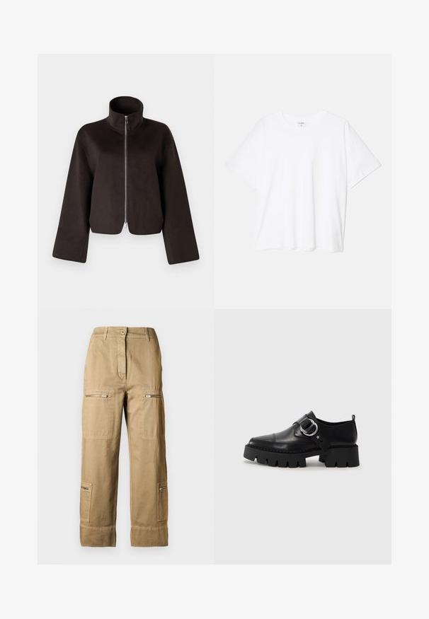 Jaqueta de fleece preta, cropped, com colarinho alto, fecho total e mangas largas, apresentando uma textura suave e um acabamento liso.; T-shirt de algodão branco com mangas curtas, decote redondo, corte descontraído e bainha cosida. Etiqueta visível no interior do pescoço.; Calças cargo de algodão numa cor caqui clara, com múltiplos bolsos, fechos de correr e um corte confortável com bainhas ajustadas.; Sapatos pretos de couro com sola grossa e estriada, apresentando um detalhe em hardware prateado circular e costura mínima.