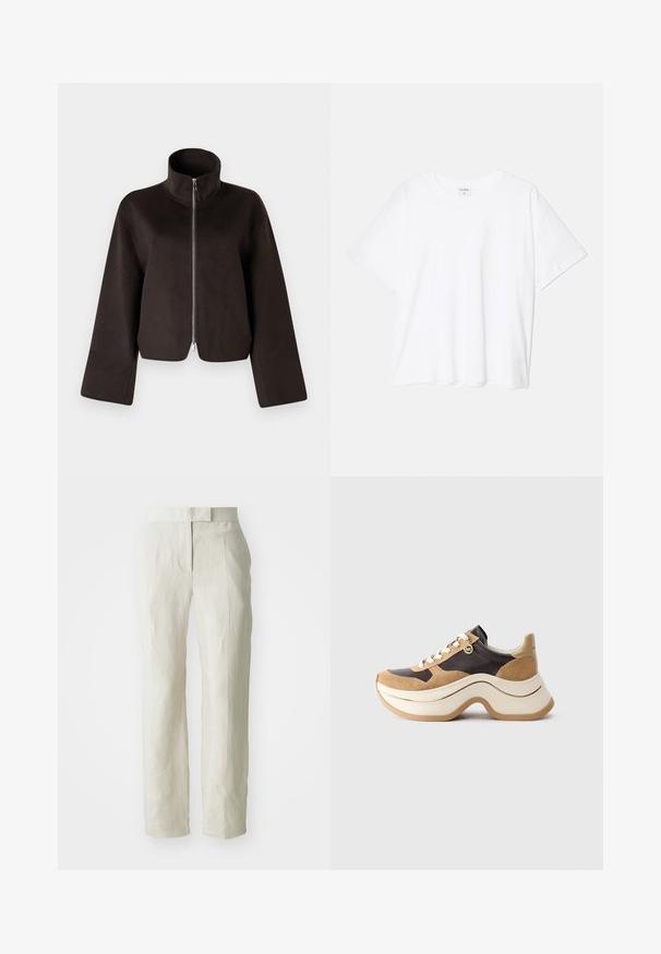 Black cropped fleece jacket with a high collar, full zip, and wide sleeves, featuring a soft texture and smooth finish.; White cotton t-shirt with short sleeves, round neckline, relaxed fit, and stitched hem. Label visible on the inside neck.; White linen trousers with a tailored fit, featuring a flat front and straight legs. Smooth texture with slight creasing detail.; Chunky sole sneaker in beige and dark brown with suede accents, white laces, and a small gold MK charm on the side.