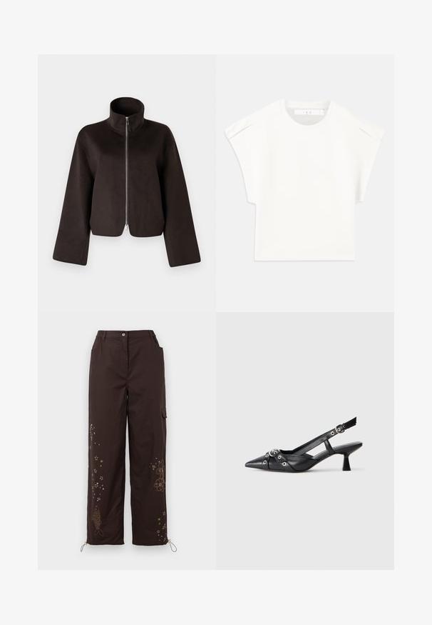 Črni kratki flis jakna z visokim ovratnikom, polnim zadrgo in širokimi rokavi, z mehkimi teksturami in gladkim zaključkom.; Bela boxasta majica s kratkimi rokavi. Narejena iz gladkega materiala, z okroglo ovratnikom in diskretnimi poudarki na ramenih. Preprost dizajn.; Rjave hlače širokih nogavic z vezenimi zvezdami in ribjimi motivi. Imajo elastičen pas, dva stranska žepa in nastavljive vezi na gležnjih.; Črne usnjene sandale središnje zaponke z ostro konico, okrasnimi trakovi z kovinskimi očesi in nizko blokasto peto. Teksturirana površina.
