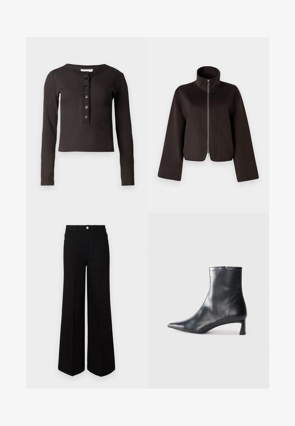 Schwarze, kurz geschnittene Fleecejacke mit hohem Kragen, vollem Reißverschluss und weiten Ärmeln, ausgestattet mit einer weichen Textur und glatter Oberfläche.; Dunkelbraunes Langarmhemd mit gerippter Textur, Rundhalsausschnitt und sechs vorderen Knöpfen. Der Schnitt ist kurz und leicht tailliert.; Schwarze weit geschnittene Jeans aus strapazierfähigem Material, mit hoher Taille, Fronttaschen und einem Knopfverschluss vorne. Flacher Saum am Boden.; Schwarze Lederstiefelette mit spitzer Zehe und schlankem Design. Verfügt über einen niedrigen Absatz und einen Reißverschluss hinten. Glatte Textur.